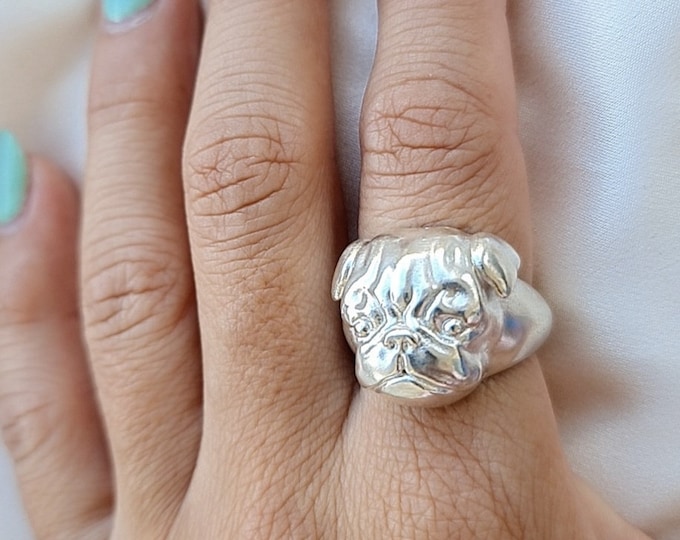 Handmade Sterling Silver Pug Ring: Detailed 925 Silver Dog Jewelry