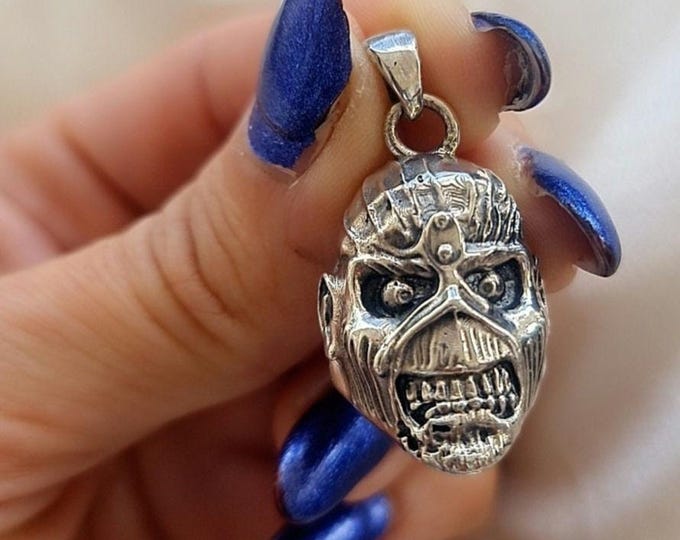 Handmade Sterling Silver Eddie Skull Pendant: Biker Rock Jewelry