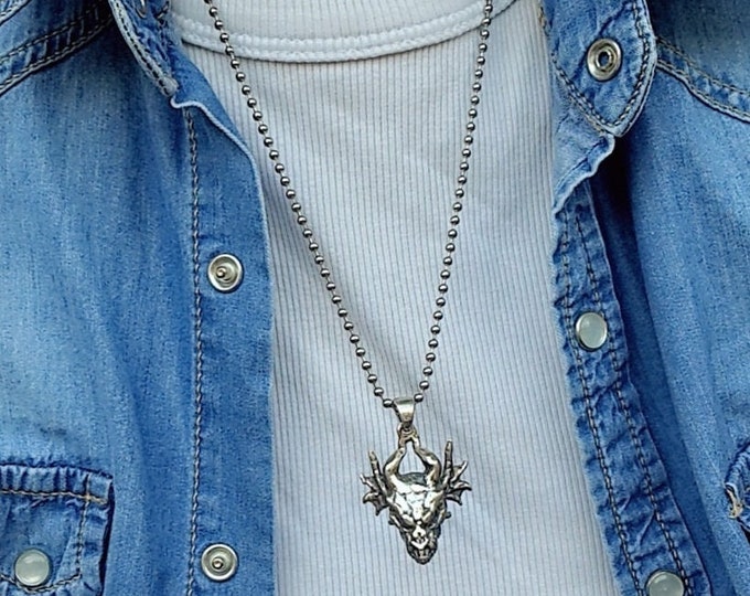 Handmade Sterling Silver Dragon Skull Pendant: Gothic Fantasy Jewelry