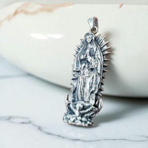 Our Lady of Guadalupe pendant -  Sterling Silver-Holy Mother Medallion,Catholic  Sacred &  large  52 mm   &quot; Virgen de Guadalupe &quot;