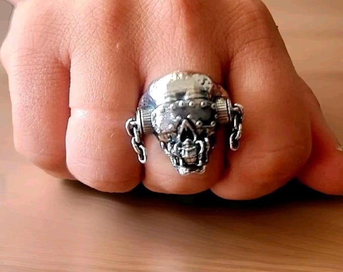 Handmade Sterling Silver Vic Rattlehead Skull Ring - Heavy Metal Biker Jewelry