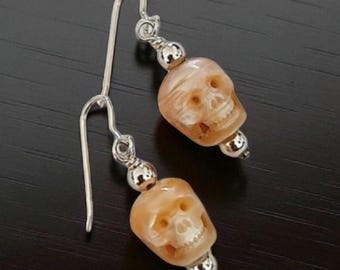 Carved Pearl Skull Earrings: Sterling Silver Gothic Boho Jewelry