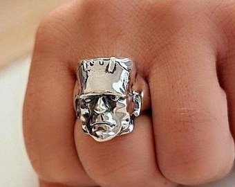 Handmade Sterling Silver Frankenstein Ring: Gothic Horror Jewelry