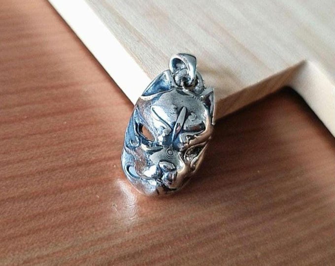 Sterling Silver Japanese Kitsune Fox Mask Pendant: Edgy Inari Necklace