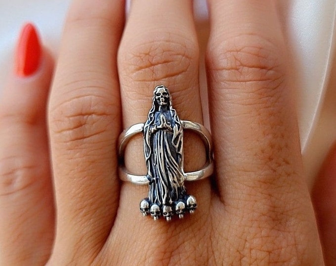 Handmade Santa Muerte Ring: Gothic 925 Silver Skull Ring