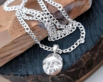 Crescent full Moon Face  Pendant in  925 Sterling Silver - Unique Handcrafted  solid