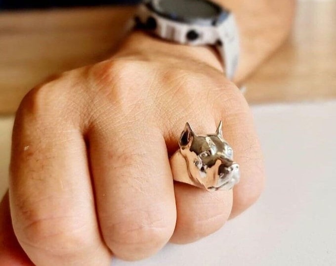 Handmade Sterling Silver Pitbull Ring: Dog Lover Gift