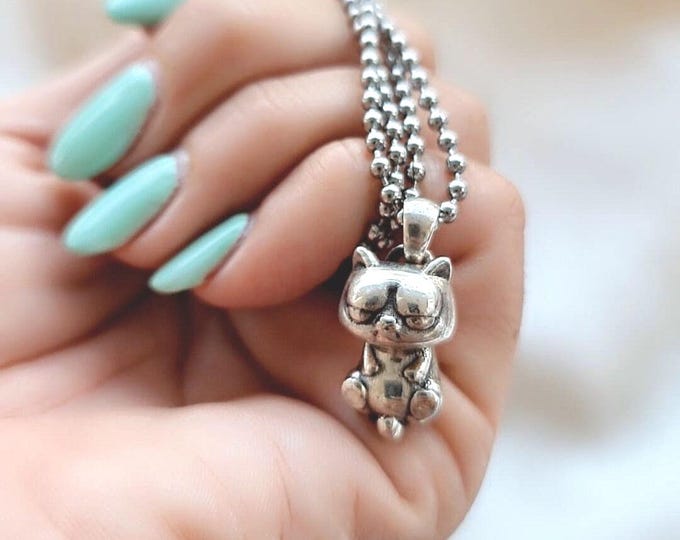 Handmade Sterling Silver Lazy Kitten Pendant - Cat Lover Jewelry