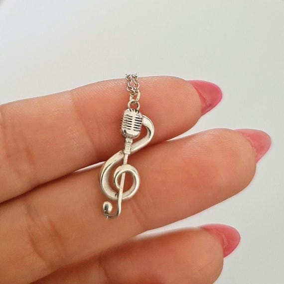 Delicate Music Note with a Microphone Necklace -925 Sterling Silver -  45 CM Chain