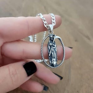 Santa Muerte Scythe Pendant with frame Necklace in 925 Silver - A Beautifully Crafted solid  Grim Reaper Pendant   &quot;amuleto de plata&quot;