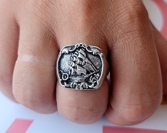 Handmade Sterling Silver Kraken Signet Ring: Gothic Pirate Ship Design