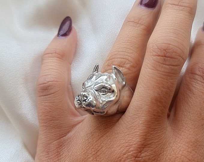 Handmade Sterling Silver American Pit Bull Ring - Dog Lover Gift