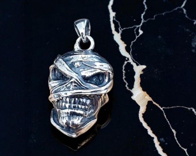 Handmade Sterling Silver Mummy Skull Pendant: Rocker Jewelry