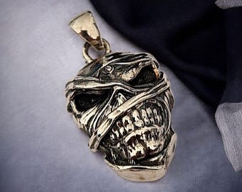 Mummy Skull Pendant:Sterling Silver Rocker Jewelry perfect for rock, heavy metal, punk,biker fashion