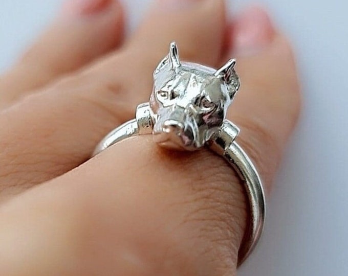Sterling Silver PitBull Band Ring - Unique Gift for Pit Bull Lovers- Handcrafted