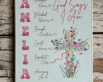 Personalized God Says I Am Bible Verse Name Journal | Christian Religious Notebook for Girl | First Communion Baptism Easter Pastor Gift