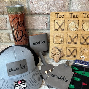 Personalized Golf Gift Box | Leather Patch Hat, Tee Holder and Koozie Personalized Using Child Handwriting | Fathers Day Gift with Tumbler