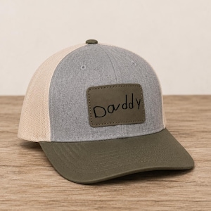 Personalized Dad Grandpa Trucker Hat | Child Handwriting Engraved Leather Patch Gift