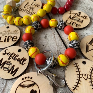 Personalized Softball Wristlet Keychain with Wood disc for Player or Mom
