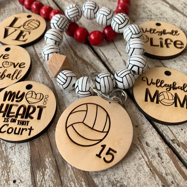 Personalized Volleyball Wristlet Keychain with Wood disc for Player or Mom