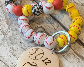 Personalized Baseball and Softball Mom Combo Wristlet Keychain with Wood disc | Gift for Baseball Mama | Softball Game Day Accessories