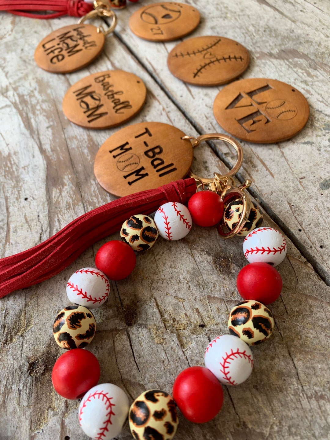 Personalized Baseball Tball Wristlet Keychain With Wood Disc for Mom