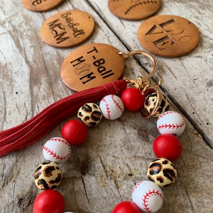 Personalized Baseball T-ball Wristlet Keychain with Wood disc for Mom or Girlfriend