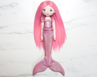 Mermaid doll - ready to ship handmade cotton rag doll - dark pink