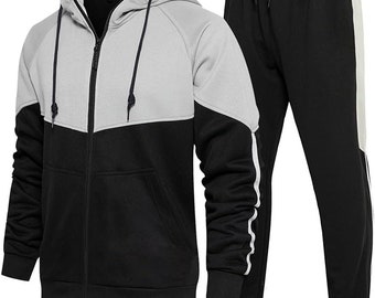 Men'S Hooded Athletic Tracksuit Sweatsuit Long Sleeve Full-Zip Jogging Sweatpants 2 Piece Patchwork Sportsuits