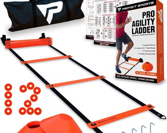 Pro Agility Ladder and Cones - Speed and Agility Training Set with 15 Ft Fixed-Rung Ladder & 12 Cones for Soccer, Football, Sports, Exercise