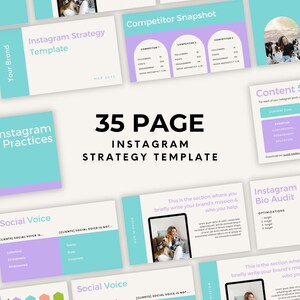 May include: A 35-page Instagram strategy template with a light blue and pink color scheme. The template includes sections for competitor analysis, content strategy, social voice, and bio audit. The text "35 PAGE INSTAGRAM STRATEGY TEMPLATE" is displayed in bold black font.