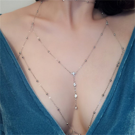 Crystal Chain Bra Necklace, Shiny Rhinestone Bra Chain