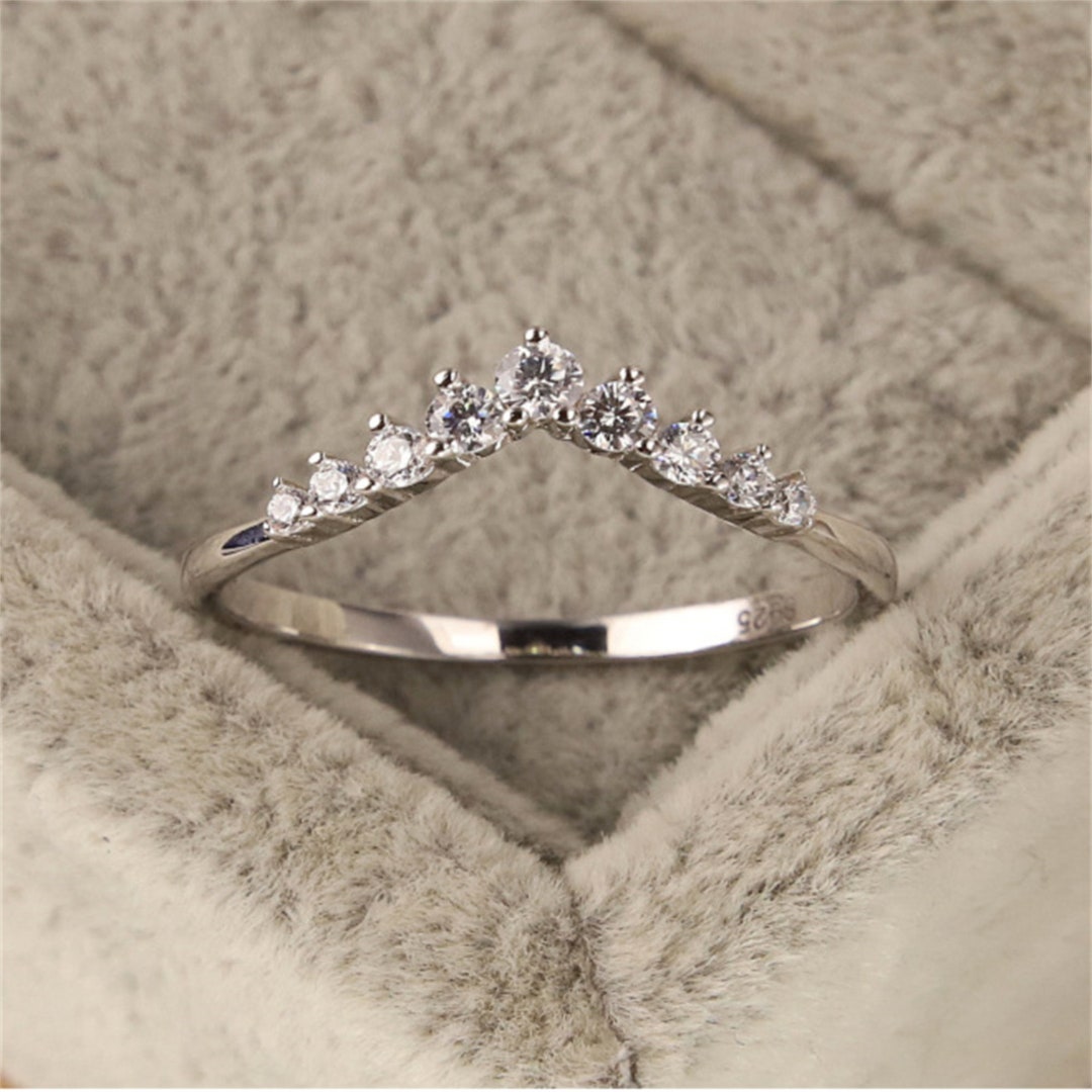 925 Sterling Silver Heart Shape Wedding Rings, V Chevron Stacking