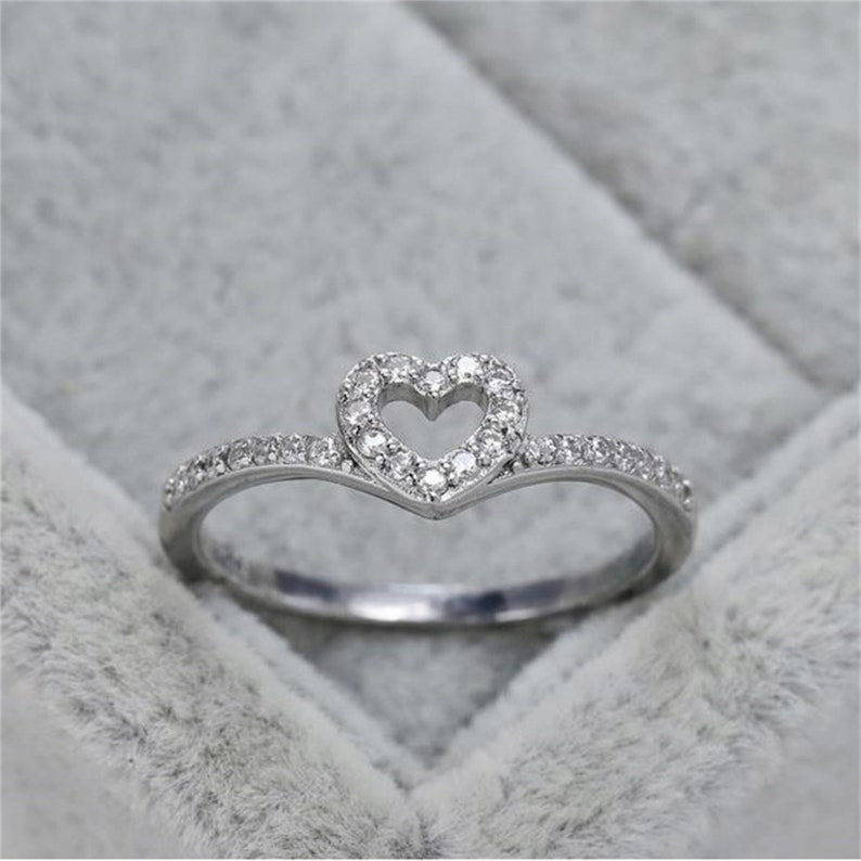 925 Sterling Silver Heart Shape Wedding Rings Women V Shaped Etsy