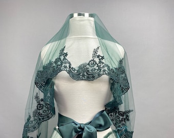 Green  Bridal Veil, Face Cover Wedding Veil, Tulle Bridal Veil, Bridal Veils,  Satin Ribbon Bridal Veil,  Cathedral Veil, Classic  Veil