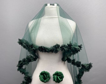 Green  Bridal Veil, Face Cover Wedding Veil, Tulle Bridal Veil, Bridal Veils,  Satin Ribbon Bridal Veil,  Cathedral Veil, Classic  Veil