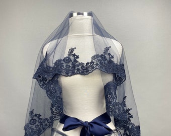 Navy Blue  Bridal Veil, Face Cover Wedding Veil, Tulle Bridal Veil, Bridal Veils,  Satin Ribbon Bridal Veil,  Cathedral Veil, Classic  Veil