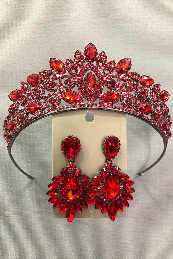 Silver Bridal Tiara and Earring Set, Dark Red Crystal  display picture 2