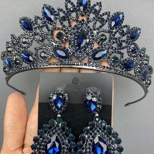 Navy Blue Bridal Crown And Earrings Wedding, Princess Crown, Bridal Earrings, Christmas gifts, Christmas sale,  black Friday sale