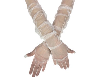 May include: A pair of white sheer long gloves with ruched detailing. The gloves are made of a delicate, lightweight fabric and are perfect for adding a touch of elegance to any outfit.