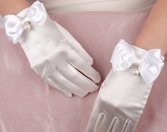 Satin Bridal Gloves with Bow and Pearl, Formal Events