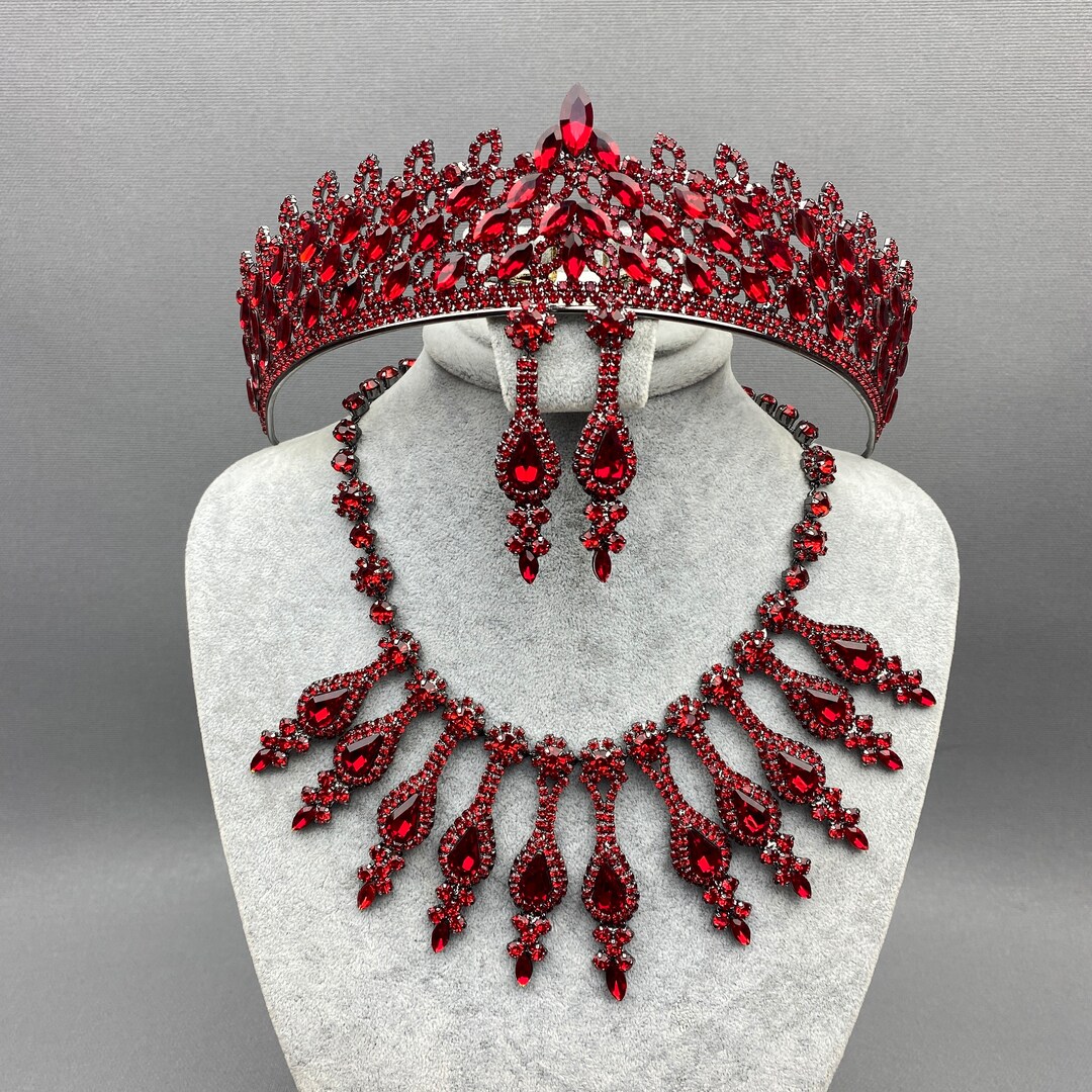 Red Bridal Jewelry Set Bridal Necklace, Wedding Tiara Set, Wedding Crown Set, Bridal Tiara Set
