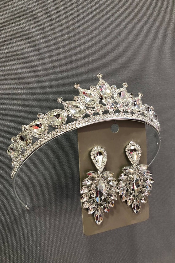 Silver Crystal Glass Bridal Tiara and Earring Set - Etsy display picture 3