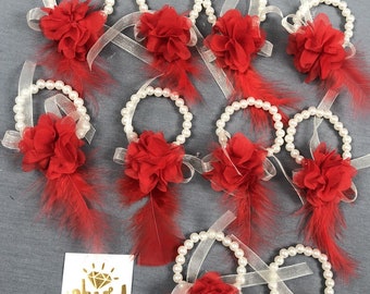 Red Laser Floral Feathered Bridesmaid Bracelet Set