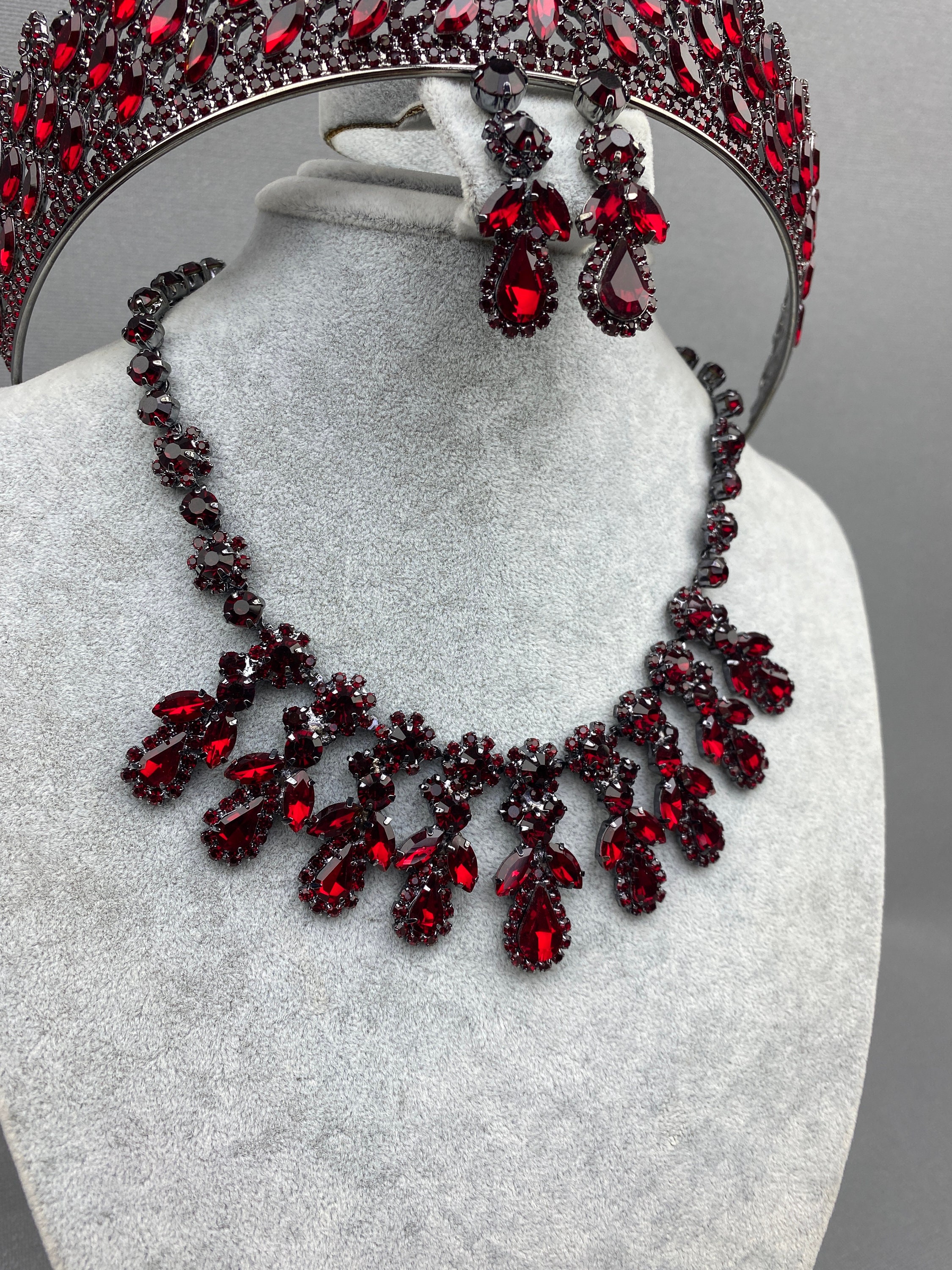 Burgundy Bridal Jewelry Set Bridal Necklace Wedding Crown Etsy