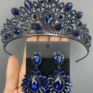 Navy Blue Bridal Henna Crown And Earrings Wedding, Hair Accessory, Ceremony, Crown, Queen&#39;s Crown, Princess Crown, Bridal Earrings