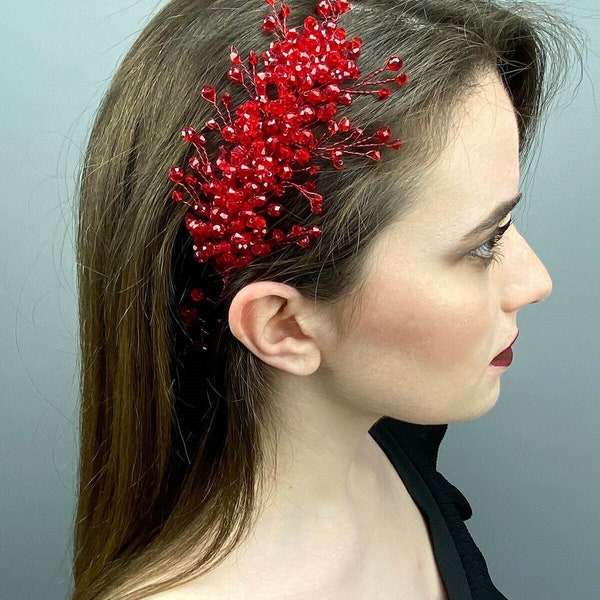 Red Deren Bridal Crown And Hair Accessory Bride, Wedding, Bridal Accessory, Beaded Accessory, Hair Accessory, Ceremony, Buckle, Tape, Crysta