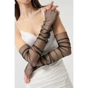 May include: A pair of long, black sheer mesh gloves. The gloves are gathered at the wrist and extend to the elbow.