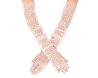 Polka Dot Long Tulle Bridal Gloves Polka Dot Costume Gloves Women&#39;s Long Tulle Henna Gloves