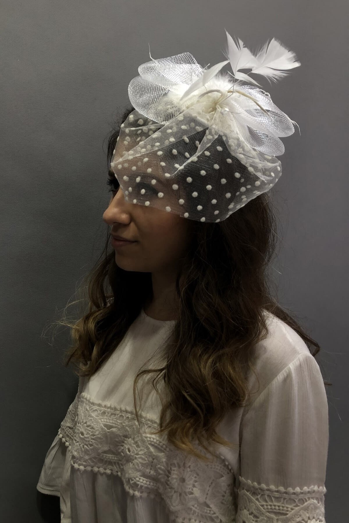 Vintage Feather Fascinator with Headband and Clip, Polka Dot Veil Net Veil Polka Dot Headpiece with Faux Feather | Free Shipping! main image 4